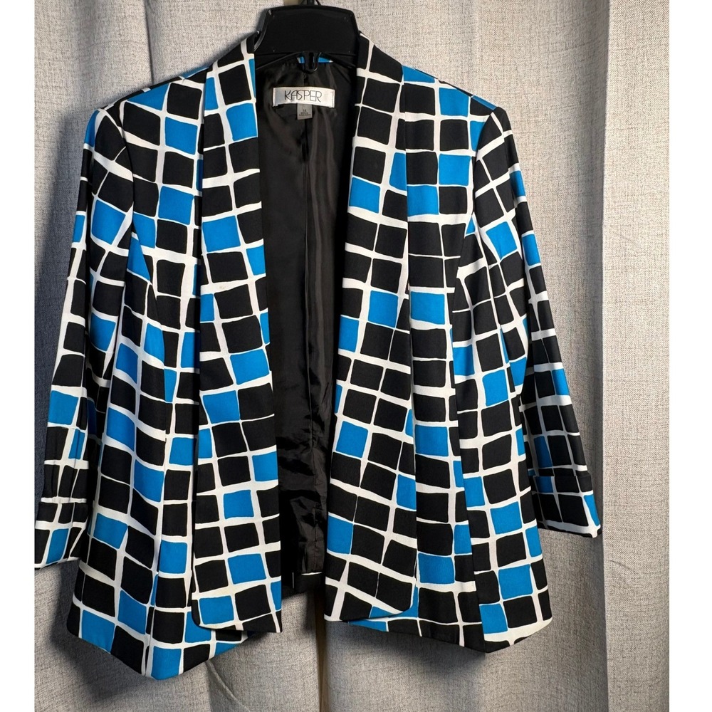Kasper Women Blue Black Geometric Grid Print Open Front Blazer Size 14